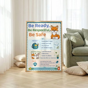 Op de afbeelding: Een rechthoekige educatieve poster in een lichthouten lijst met de tekst Be Ready, Be Respectful, Be Safe. Het ontwerp bevat illustraties van een vos, een rugzak, een konijn en een schild, met opsommingen van klassenregels.