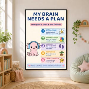 May include: A vertical wall poster titled MY BRAIN NEEDS A PLAN with a light cream background. It features a pink axolotl wearing blue headphones and a five-step guide with colourful icons including a star, puzzle piece, footprints, and plant.
