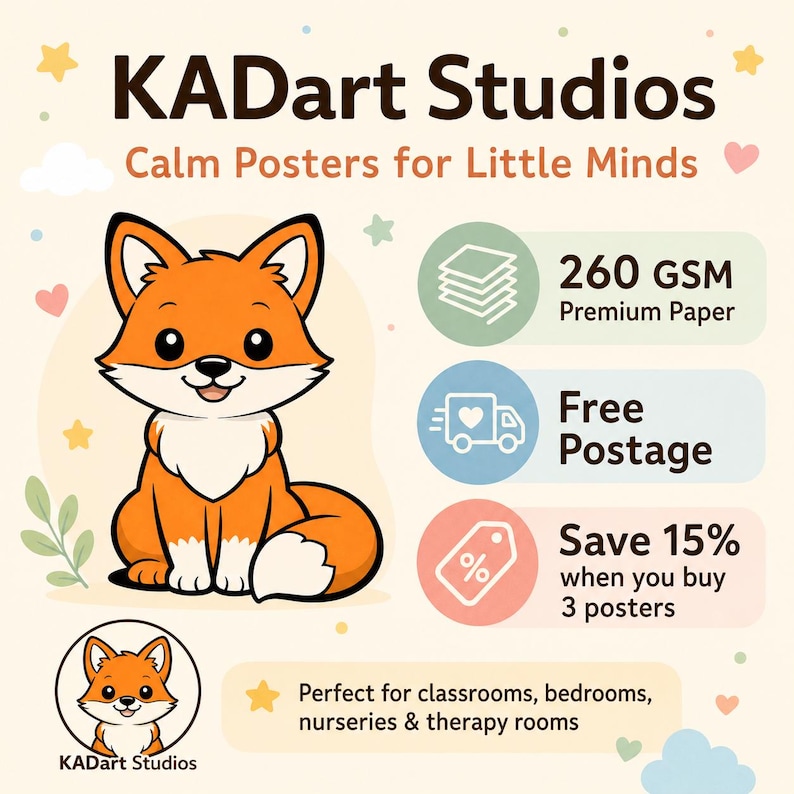 May include: A poster featuring a cartoon fox with orange fur and a white chest, accompanied by the text KADart Studios Calm Posters for Little Minds. The graphic includes icons for 260 GSM premium paper, free postage, and a 15 percent discount offer.