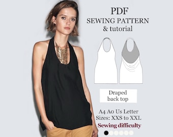 Draped Back Top Sewing Pattern PDF | Cowl Back Halter Top | Elegant Open Back Women’s Top | XXS–XXL | A4 A0 us letter
