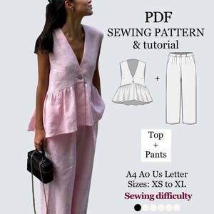 Op de afbeelding: Een roze linnen top en broek outfit. De afbeelding bevat een PDF naaipatroon en tutorial. Het patroon bevat maten XS tot XL. De naai-moeilijkheid wordt aangegeven door een reeks stippen.