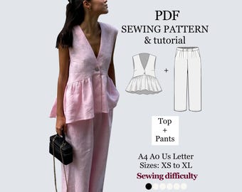 Peplum Top and Pants Pattern ( Digital Download PDF XS-XL)