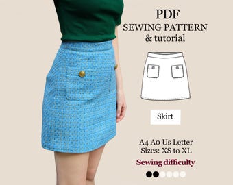 Tweed Skirt Sewing Pattern - XS to XL (PDF Digital Download) - A-Line Skirt with Pockets