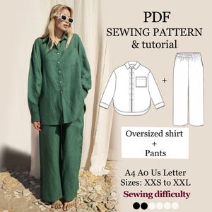 Patrón de costura en PDF para camisa y pantalón de talla grande / Conjunto de ropa de estar por casa de lino / Camisa abotonada + pantalón de pierna ancha XXS–XXL