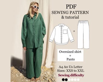 Oversized Shirt and Pants Sewing Pattern PDF | Linen Loungewear Set | Button Up Shirt + Wide Leg Pants XXS–XXL