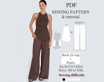 Back Tie Top & Wide Leg Pants Sewing Pattern | Women's Summer Wide Leg | Strappy Cami Summer top | XS-XXL | Easy Digital PDF