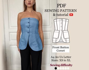 Women's Corset Bustier Top Pattern with Buttons and Pockets (Download PDF XS-XL)