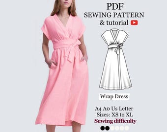Wrap Dress Pattern (PDF): Linen Midi Dress, Sizes XS–XL (Digital Download)