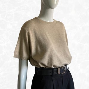 Vintage 1990s Beige Knit Summer Sweater, Made in Spain, Women&#39;s T-Shirt Size Large