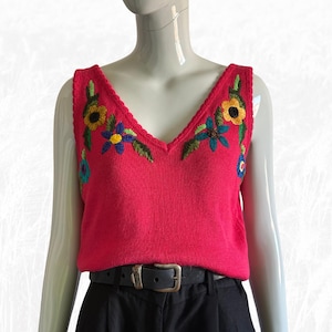 Vintage 1980s Hot Pink Knit Top, Embroidered Floral Sleeveless Shirt
