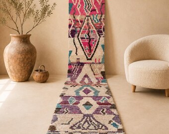 Boho Pink & Purple Wool Rug 2.5x12.5 ft: Geometric Moroccan Runner