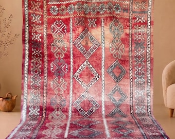 Vintage Red Moroccan Rug: 6.5x10 ft, Handmade Wool Bohemian Carpet