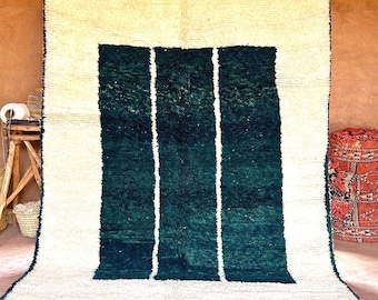 Teal Blue Moroccan Rug: Handmade Berber Wool, Geometric Stripe