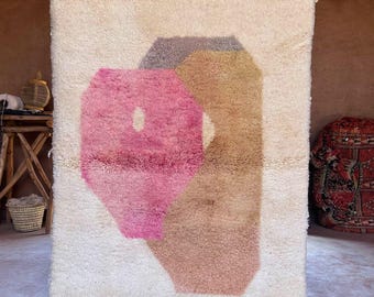 Handwoven Boho Wool Rug - Beige & Pink Abstract Geometric Carpet