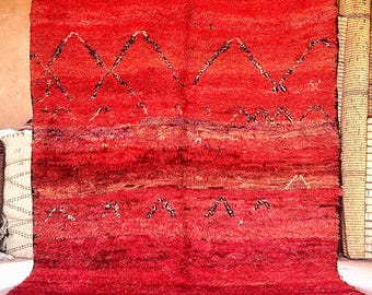 Vintage Marokkaans berbertapijt 6 x 7,5 ft: rood wollen handgemaakt tapijt met tribal patroon
