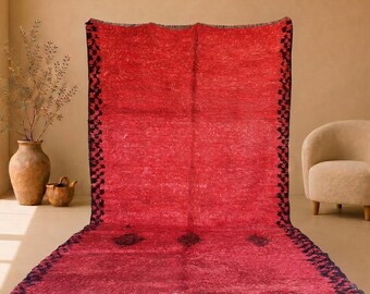 Vintage Moroccan Berber Wool Rug 6.5x12 ft: Handmade Red & Black Tribal Design Carpet