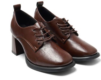 Genuine Leather Brown Oxford Heels,Handmade First-Layer Cowhide Women Block Heel Pumps, Retro Minimalist Low Heels