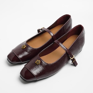 Burgundy Genuine Leather Mary Jane Flats for Women | Vintage Square Toe Retro Shoes with Gold Rose Buckle | Handmade Comfortable Dress Shoes