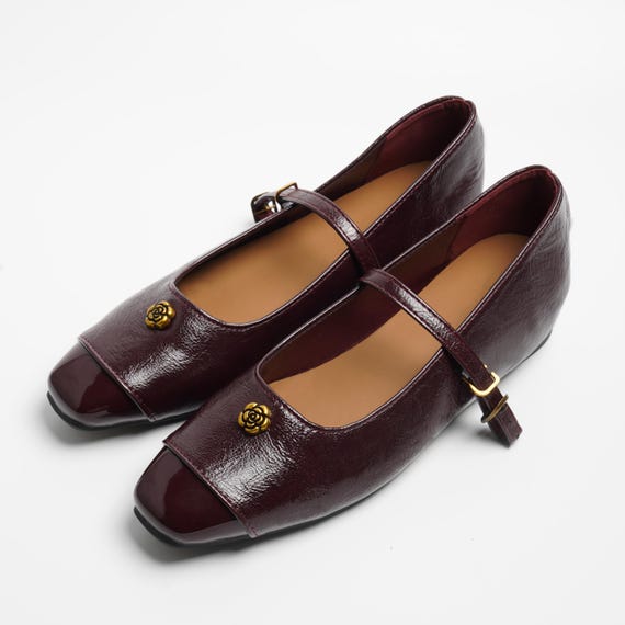 Burgundy Genuine Leather Mary Jane Flats for Women | Vintage Square Toe  Retro Shoes With Gold Rose Buckle | Handmade Comfortable Dress Shoes - Etsy  Israel