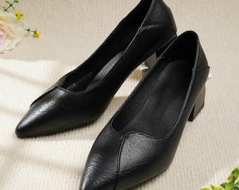 Zapatos planos de cuero negro hechos a mano para mujer / Cómodos zapatos sin cordones de piel de vaca auténtica / Zapatos planos para oficina y trabajo informal / Zapatos de cuero de alta calidad