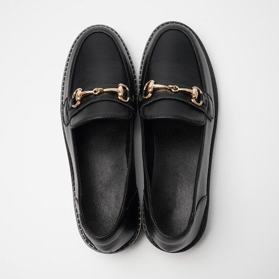 Black Leather Horsebit Loafers for Women, Gold Buckle Slip  display picture 1