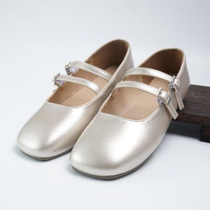 Genuine Leather Mary Jane Flats Women,Champagne Gold Double Strap Square Toe Flats,Comfortable Handmade Shoes for Everyday Work and Party