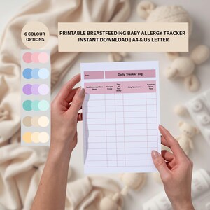 Könnte beinhalten: Ein druckbarer Baby-Allergie-Tracker für stillende Mütter mit rosa Kopfzeile und Raster. Der Text lautet "6 Farboptionen" und "Druckbarer Still-Baby-Allergie-Tracker Sofort-Download | A4 & US Letter".