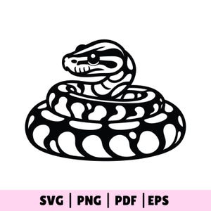 May include: A black and white illustration of a snake coiled up. The snake has a pattern of large, rounded black spots on a white background. The head is detailed with eye and scale markings. The image includes the text "SVG | PNG | PDF | EPS".