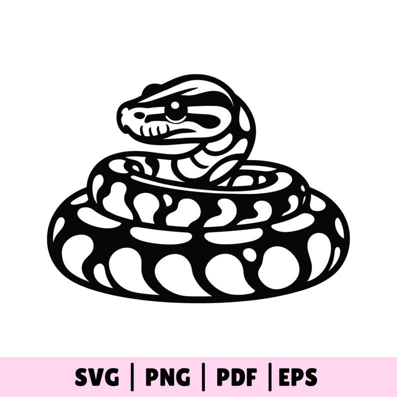 May include: A black and white illustration of a snake coiled up. The snake has a pattern of large, rounded black spots on a white background. The head is detailed with eye and scale markings. The image includes the text "SVG | PNG | PDF | EPS".