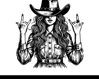 Retro Cowgirl Western Svg, Western Woman Hat, Rock Hand Sign, Country Western Svg, Silhouette