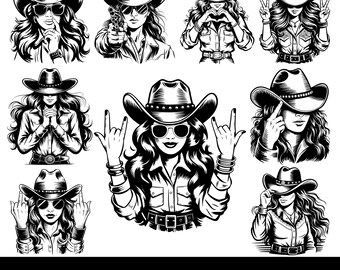Rock On Western Cowgirl Svg Bundle, Western Woman Hat, Retro Country Svg, Instant Download