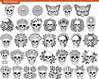 Floral Skull Svg Bundle, 36 Designs, Butterfly Rose Skull Png, Digital Download