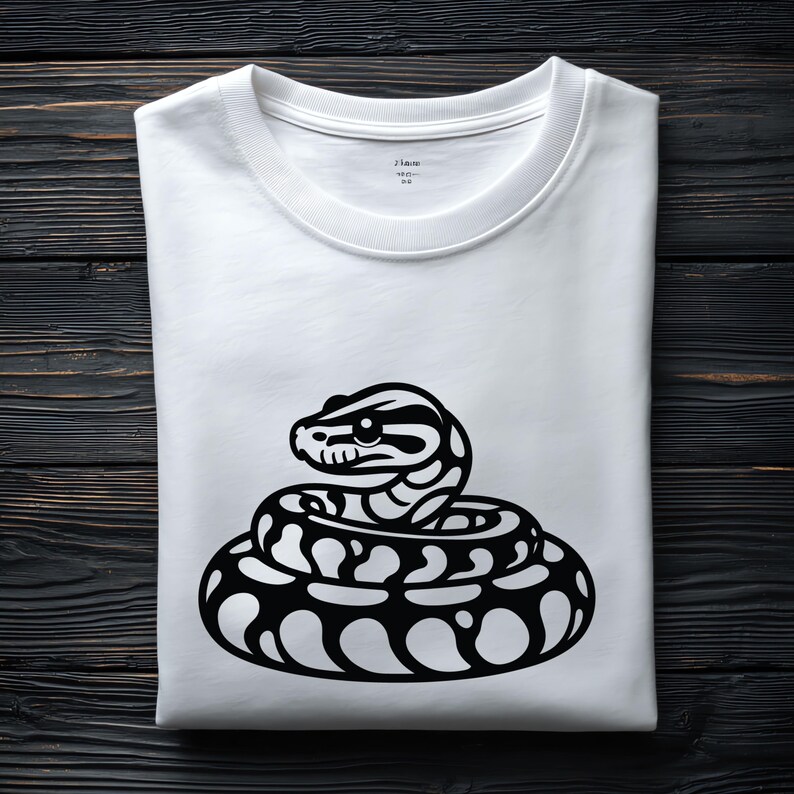 May include: White crew neck t-shirt with a black and white illustration of a coiled snake. The snake design is the focal point of the shirt. The t-shirt is neatly folded on a dark wooden surface.