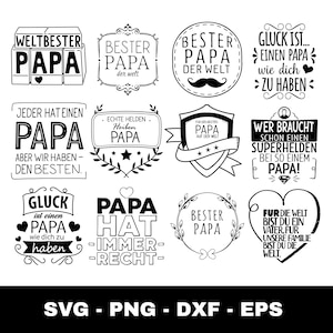 May include: A collection of black and white graphic designs with text, including phrases like "Best Dad" and "World's Best Dad." The designs are in various shapes, such as circles, shields, and hearts. The bottom of the image has the text "SVG - PNG - DXF - EPS."