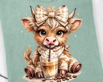 Highland Cow Coffee PNG, Retro Summer Smiley Graphic (Digital Download)