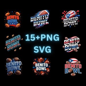 May include: A collection of nine digital designs featuring the text "BENITO BOWL" with footballs. The designs use red, white, and blue colors, with some incorporating the Puerto Rican flag. The image also includes the text "15+PNG SVG".