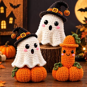 Può includere: Due fantasmi bianchi all'uncinetto che indossano cappelli da strega neri con fasce arancioni e piccoli ciondoli a forma di zucca, e una zucca all'uncinetto arancione con stelo verde, tutti con occhi neri di plastica e guance rosa.