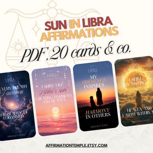 May include: A set of four affirmation cards with celestial imagery and the words "Sun in Libra Affirmations." The cards feature phrases like "Every Breath I Awaken" and "I Shine Like Libra's Sun." The Etsy shop URL is visible at the bottom.
