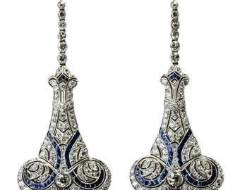 Art Deco Chandelier Earrings in 925 Silver | Blue Sapphire Drop Earrings | Vintage Long Earrings | Statement Dangle Earrings | Gift for Her