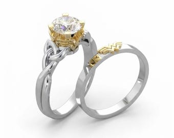 Conjunto de anillo de compromiso redondo de plata de ley 925, anillo elegante y llamativo con alianza a juego, joyería nupcial inspirada en el empoderamiento, regalo para ella.