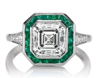 Anello di fidanzamento Art Déco / taglio Asscher, alone di smeraldo, stile vintage