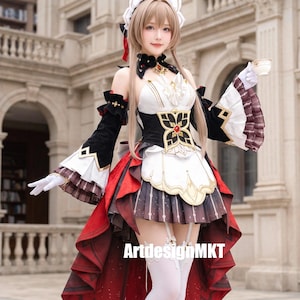 May include: A cosplay costume featuring a white and black bodice with gold accents, a red and black high-low skirt, white thigh-high stockings, white gloves, and a white headpiece. The text "ArtdesignMKT" is visible on the lower portion of the skirt.