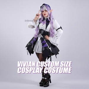 May include: A custom-sized cosplay costume featuring a white top with bell sleeves, a black and purple skirt, and platform heels. The costume includes a black belt and a headpiece with purple hair. Text on the image reads "VIVIAN CUSTOM SIZE COSPLAY COSTUME."