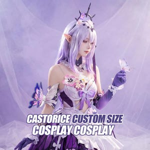 May include: A purple and white cosplay costume with a butterfly theme. The outfit includes a dress, gloves, and a headpiece with floral and thorn-like accents. The text "CASTORICE CUSTOM SIZE COSPLAY COSPLAY" is displayed.