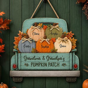 Personalized Grandma & Grandpa's Pumpkin Patch Truck Wood Sign, Custom Pumpkin Name, Fall Gift For Grandparent Grandchild, Halloween Gift