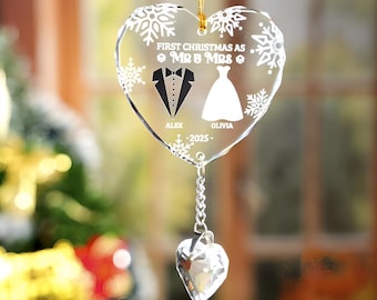 First Christmas As Married Couples - Personalized Heart, Circle Shaped Glass Ornament