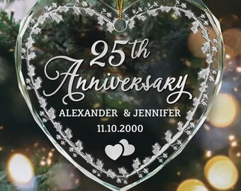 Married Couple Wedding Anniversary Milestones - 3D Precious Stone And Metal Effect Printed, Personalized Heart Shaped Glass Ornament