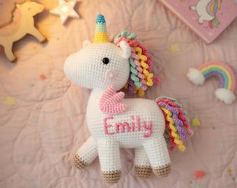 Personalized Crochet Unicorn Plush Toy, Handmade Unicorn Doll Custom Name, Gift For Baby Kids Toddler Girl, Birthday Baby Shower Gift