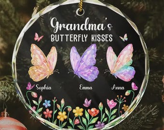 Grandma Kisses Crystal Effect Butterflies - Personalized Circle Glass Ornament