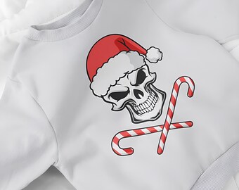 Skull Christmas Sweatshirt – Santa Hat Candy Cane Design – Alternative Holiday Unisex Crewneck